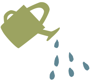 Graphic of tipped olive-green watering can with blue water drops spilling out of it